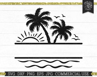 Palm Tree Split Frame SVG Cut file for Cricut, Silhouette, Ocean Waves, Beach Monogram Frame, Name Frame svg, Sunshine, Sunny Vibes png dxf