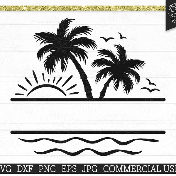 Palm Tree Split Rahmen SVG geschnitten Datei für Cricut, Silhouette, Ozean Wellen, Strand Monogramm Rahmen, Namen Rahmen svg, Sunshine, Sunny Vibes png dxf