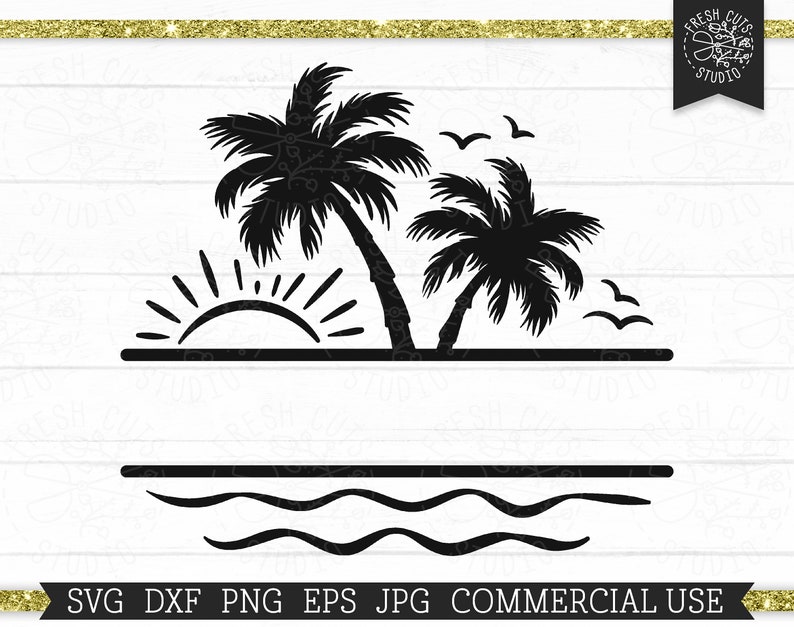 Palm Tree Split Frame SVG Cut file for Cricut, Silhouette, Ocean Waves, Beach Monogram Frame, Name Frame svg, Sunshine, Sunny Vibes png dxf image 1