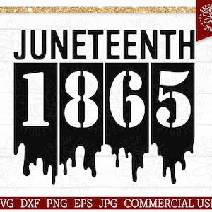 Può includere: Grafica in bianco e nero con il testo "JUNETEENTH 1865" in uno stile di vernice che cola.