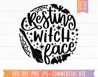 May include: Black and white graphic design with the text "Resting Witch Face" in a circle. The design includes a broom, bats, and stars.