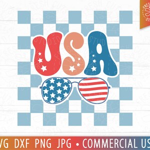 Retro 4th of July SVG, Groovy USA Cut File Cricut, Check Background, America svg, Sunglasses, American Flag svg, 4th of July Shirt PNG