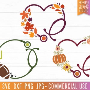 May include: Three digital designs featuring a stethoscope in the shape of a heart, a football and goal post, and a pumpkin with fall leaves. The text "FRESH CUTS STUDIO" is in the upper right corner of the image.