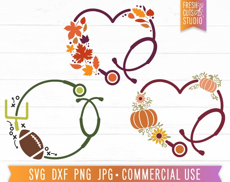 May include: Three digital designs featuring a stethoscope in the shape of a heart, a football and goal post, and a pumpkin with fall leaves. The text "FRESH CUTS STUDIO" is in the upper right corner of the image.