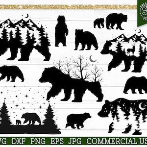 Bear SVG Bundle, Montagnes Pins Grizzly Bear SVG Cut File for Cricut, Silhouette, Snowy Winter Scene, Forest, Mama Bear, Wilderness