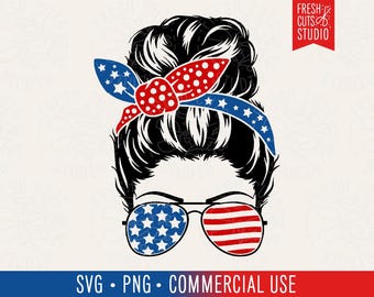 Messy Bun SVG Cut File, Messy Bun 4th of July SVG, Patriotic Mama SVG, American Flag Hair Bandana Independence Day png Sunglasses Mom Svg