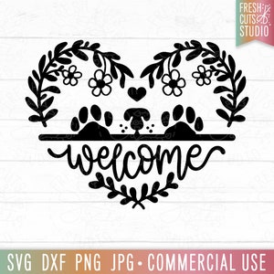 Boerderij welkom SVG hond hart clipart, schattige hond SVG, hond pootafdrukken, poten, hond neus, Floral hond SVG, welkom teken, deur hanger SVG DXF jpg
