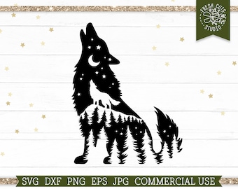 Howling Wolf SVG Cut files for Cricut, Wolf Silhouette Cameo, Forest svg, Pine Treen, Wolf with Trees Cut File, Png dxf eps