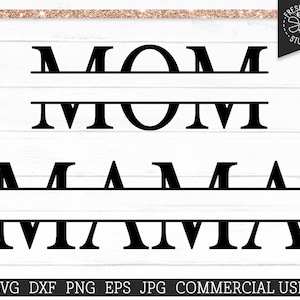 Puede incluir: Un archivo de diseño digital para un diseño de monograma dividido con las palabras "MOM", "MOM", "MAMA" y "MAMA" en blanco y negro. El diseño es perfecto para crear regalos personalizados, decoración del hogar o proyectos de manualidades.