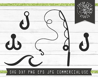 Fishing SVG Bundle, Fishing Pole Cut Files for Cricut, Silhouette Fishing Hook Clip Art, Summer Wave Lake Angling Casting, Instant Download