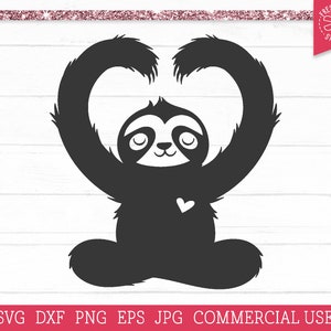 May include: Black and white silhouette of a sloth making a heart shape with its arms. The sloth has a small heart on its chest.