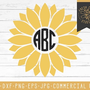 May include: A yellow sunflower design with a black monogram in the center. The sunflower has multiple petals and a circular center with the letters "ABC". The image includes the text "Fresh Cuts Studio" and file type information.