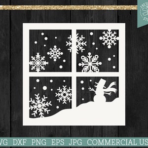 Snowman SVG Christmas Window Snowy Scene SVG Cut File, Snowflakes, Winter Scene Through Window, Rustic Christmas Decal, Square Holiday Svg