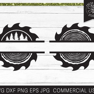May include: Black and white silhouette of a saw blade with a tree ring design inside. The saw blade is split in half horizontally with a space for text. The design is perfect for a monogram or a personalized gift.