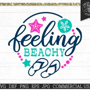 May include: A blue circle with the text "feeling beachy" in white and blue. The circle is surrounded by pink and blue dots, a blue starfish, a turquoise seashell, and two blue flip flops.