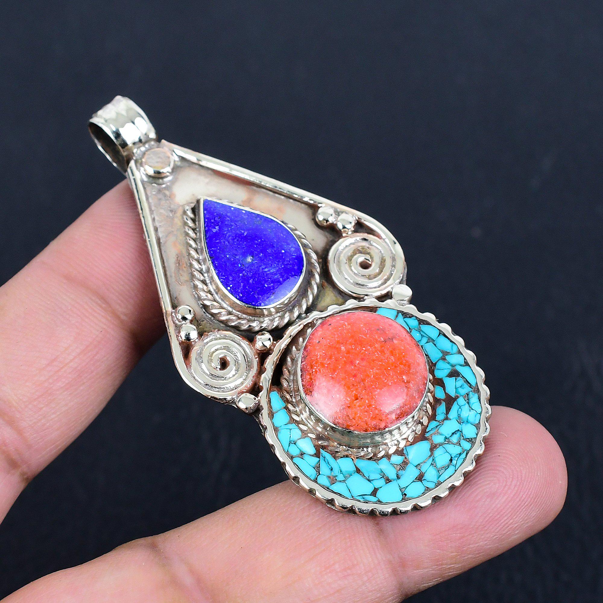 Handmade Lapis Lazuli, Coral & Turquoise Tibetan Silver Pendant - Etsy