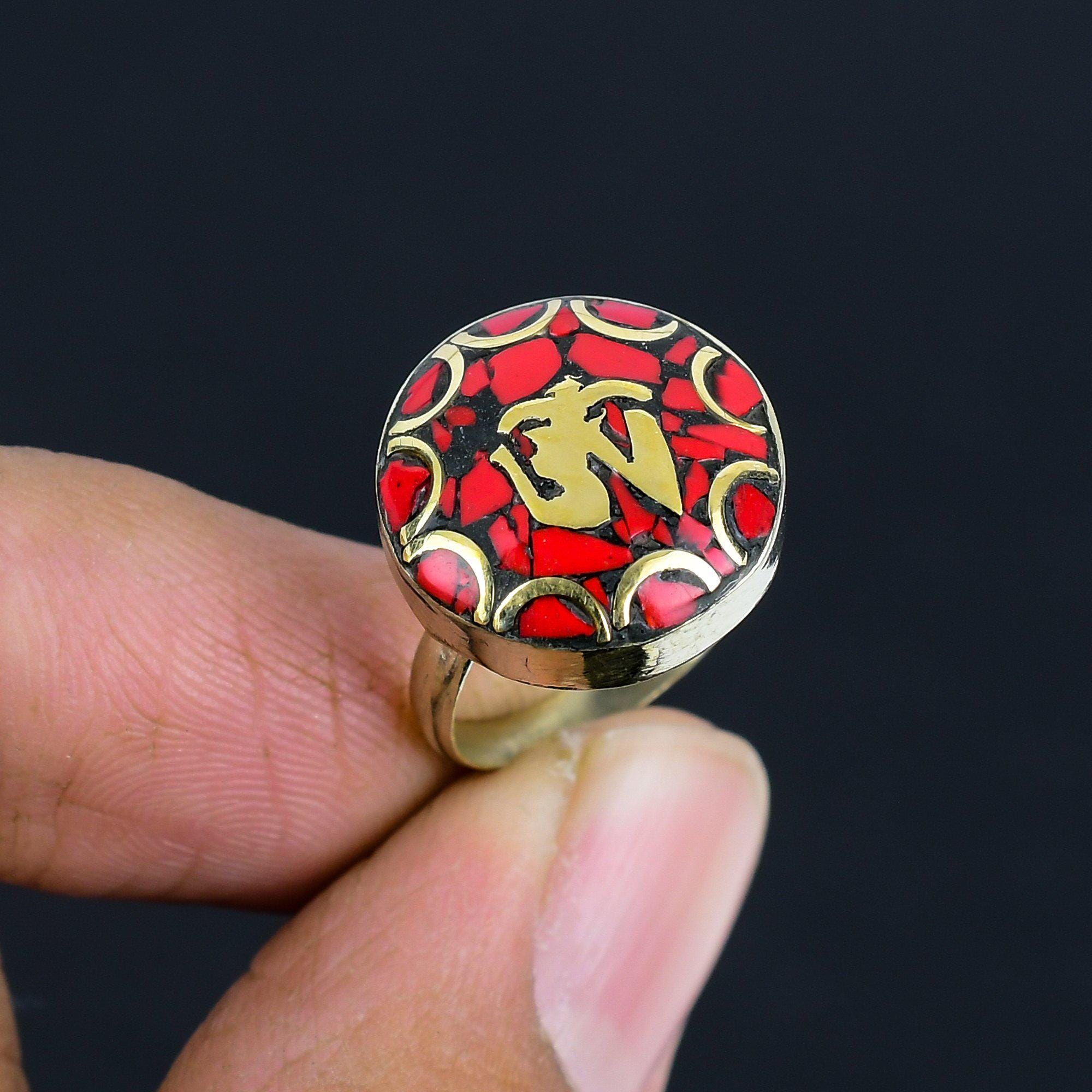 Bague Réglable Ancienne En Corail Rouge - Argenté Tibetain - Bijou Artisanal - Neuf Sans Emballage