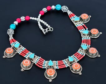 Collier Bohème Turquoise Fait Main Népal - Bijou Artisanal Argenté Et Pierre Verte