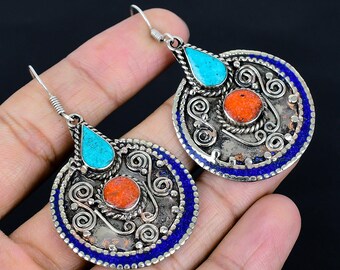 Orecchini Etnici Tribali Bohémien Fatti A Mano – Pendenti Tibetani In Ottone Placcato Argento 925 Con Corallo E Lapislazzuli, Regalo Per Donna