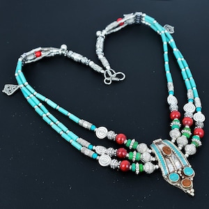 Handmade Turquoise & Coral Tibetan Silver Necklace: Afghan Tribal Jewelry