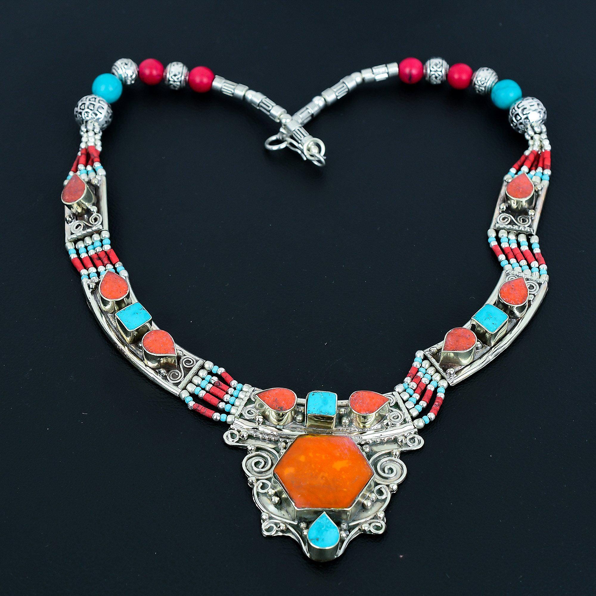 Collier en argent tibétain corail rouge et turquoise : Bijoux népalais faits main - France