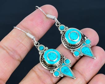 Pendientes colgantes de turquesa: joyería étnica bohemia de plata tibetana