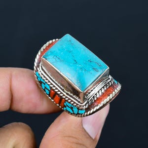 Handmade Tibetan Silver Turquoise & Coral Ring - US Size 8 3/4