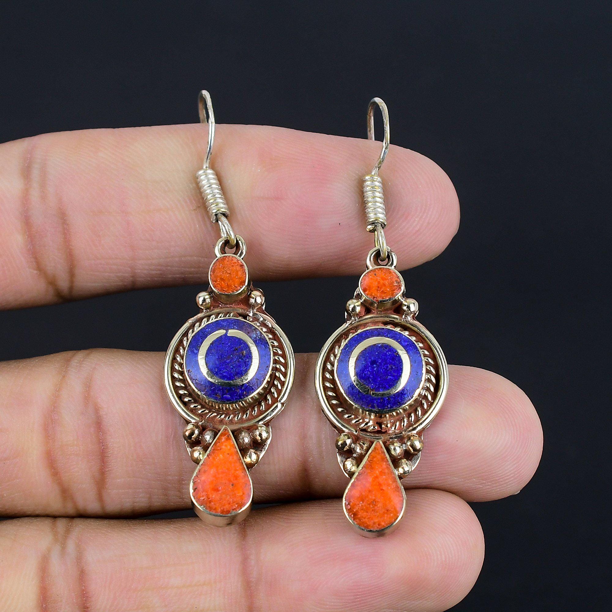 Boucles D'oreilles Argent Tibétain Avec Lapis Lazuli Et Corail - Neuves Sans Emballage