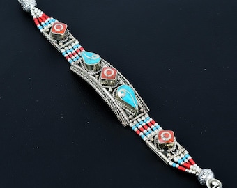 Rote Koralle & Türkis tibetischer Armband, handgemachter nepalesischer Schmuck