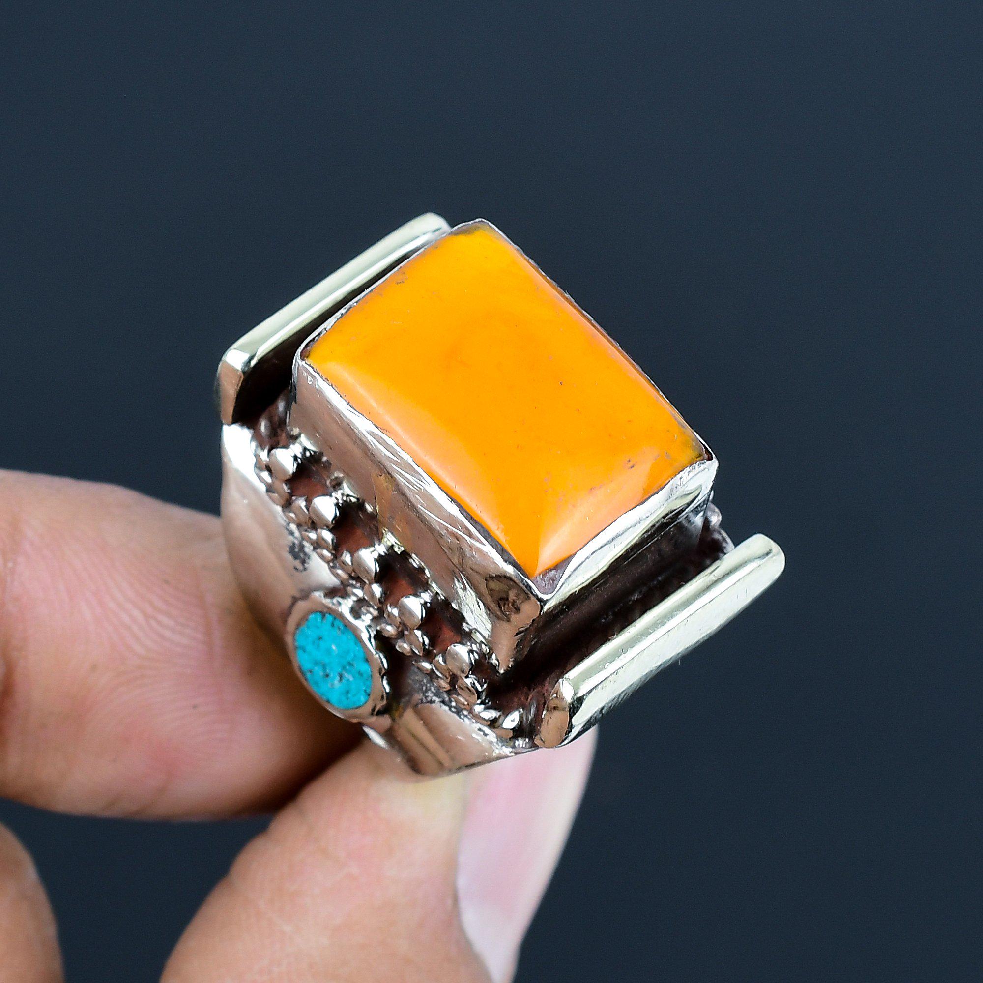 Bague Artisanale Tibétaine En Argent Plaqué Avec Corail Jaune Et Turquoise - Taille 9, Faite Main