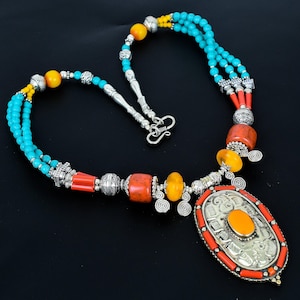 Coral Turquoise Onyx Beaded Necklace: Tibetan Silver, Banjara Style