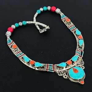 Turquoise Red Coral Necklace: Tibetan Silver Bohemian Tribal Jewelry