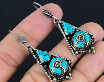 Orecchini Pendenti In Argento Tibetano Con Perline Turchesi &ndash; Chiusura Leverback &ndash; Fatto A Mano UK
