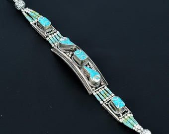 Red Coral Turquoise Tibetan Silver Bracelet: Handmade Nepal