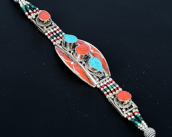 Rote Koralle, Türkis, Malachit Perlen Tibet Silber Armband: Handgemachter Nepali Boho Schmuck