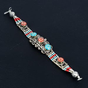 Red Coral With Turquoise Bracelet Tibetan Silver Bracelet Handmade Jewelry Antique Design Nepali Bracelet Bohemian Jewelry Best Gift For Mom