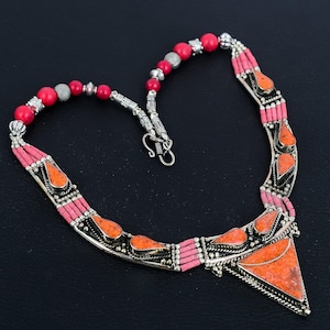Red Coral Necklace Tibetan Silver Necklace Handmade Bohemian Necklace Tibetan Statement Jewelry Charm Nepali Necklace Birthday Gift For Love