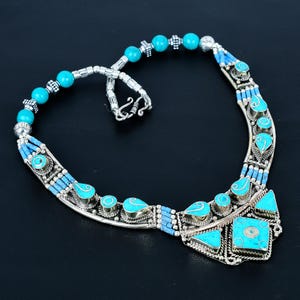 Turquoise Necklace Tibetan Silver Necklace Handmade Antique Design Necklace Tibetan Bead Jewelry Unique Design Bohemian Jewelry Gift For Her