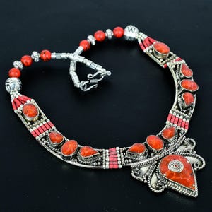 Red Coral Necklace Tibetan Silver Necklace Handmade Charm Tribal Necklace Tibetan Baho Jewelry Antique Design Necklace Wedding Gift For Love