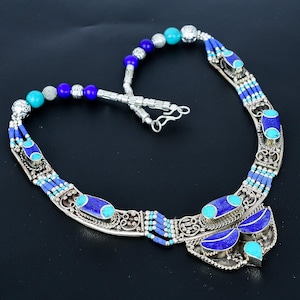 Lapis Lazuli & Turquoise Tibetan Silver Necklace: Handmade Boho Jewelry