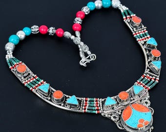 Turquoise Red Coral Necklace: Tibetan Silver Bohemian Tribal Jewelry NN-6937
