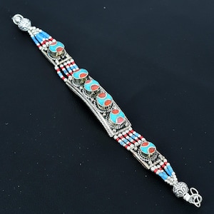 Tibetan Turquoise Bracelet Red Coral Bracelet Tibetan Silver Bracelet Handmade Jewelry Beautiful Nepali Bracelet Boho Jewelry Gift For Crush