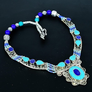 Lapis Lazuli Turquoise Tibetan Silver Necklace: Handmade Bohemian Jewelry