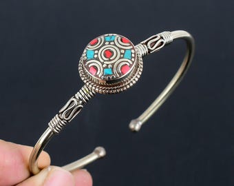 Red Coral Turquoise Cuff Bracelet: Handmade Tibetan Silver Bangle