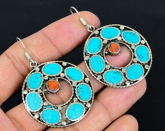 Red Coral Turquoise Earrings: Tibetan Silver Dangle Drop Earrings