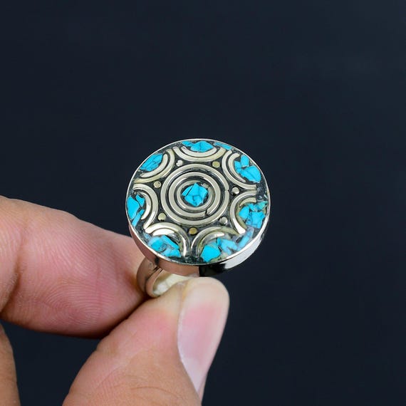 Bague Réglable Artisanale Népalaise En Corail Rouge Et Turquoise - Cadeau Fait Main Argenté