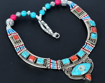 Turquoise & Red Coral Tibetan Silver Necklace: Handmade Bohemian Jewelry