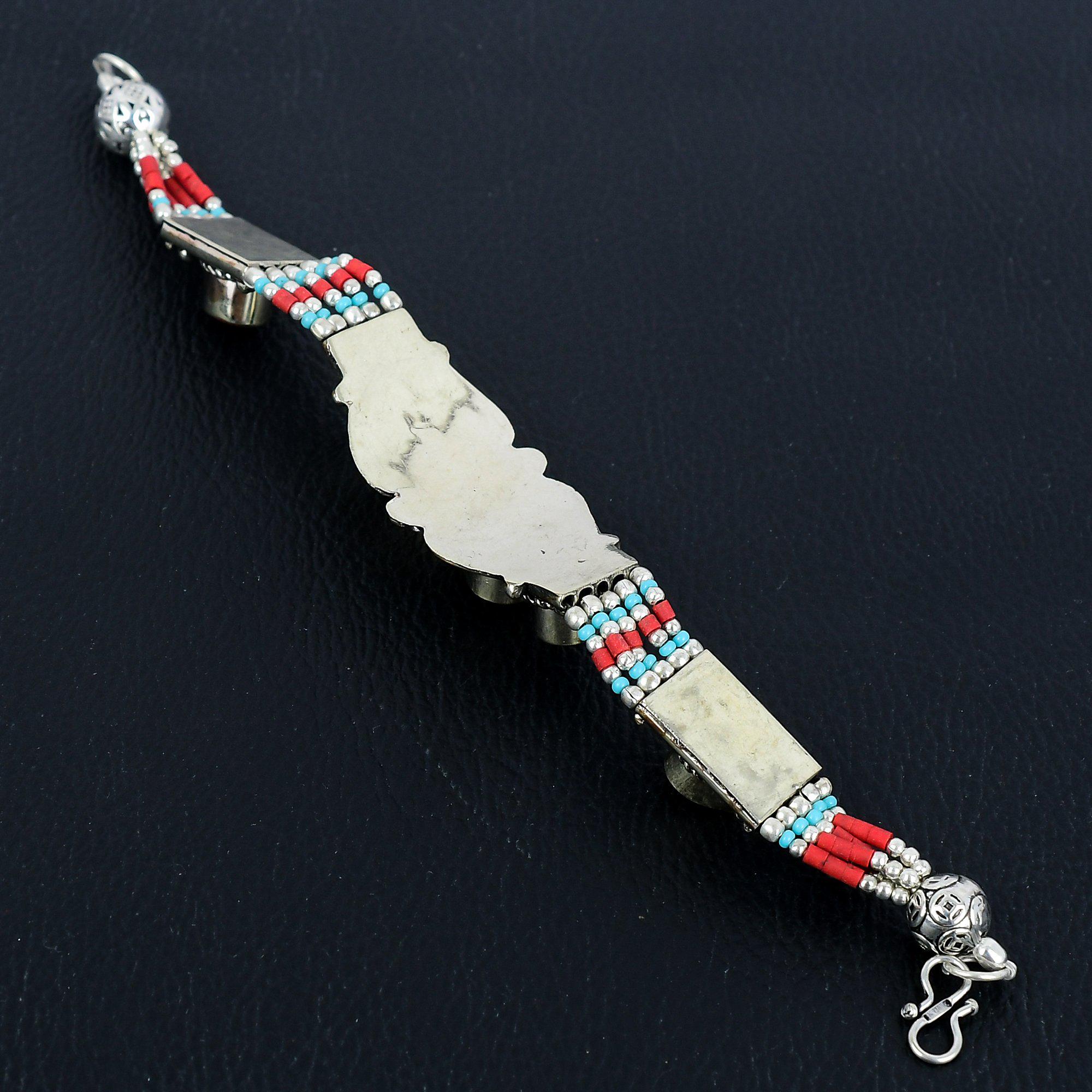 Red Coral Turquoise Tibetan Silver Bracelet: Handmade Asian