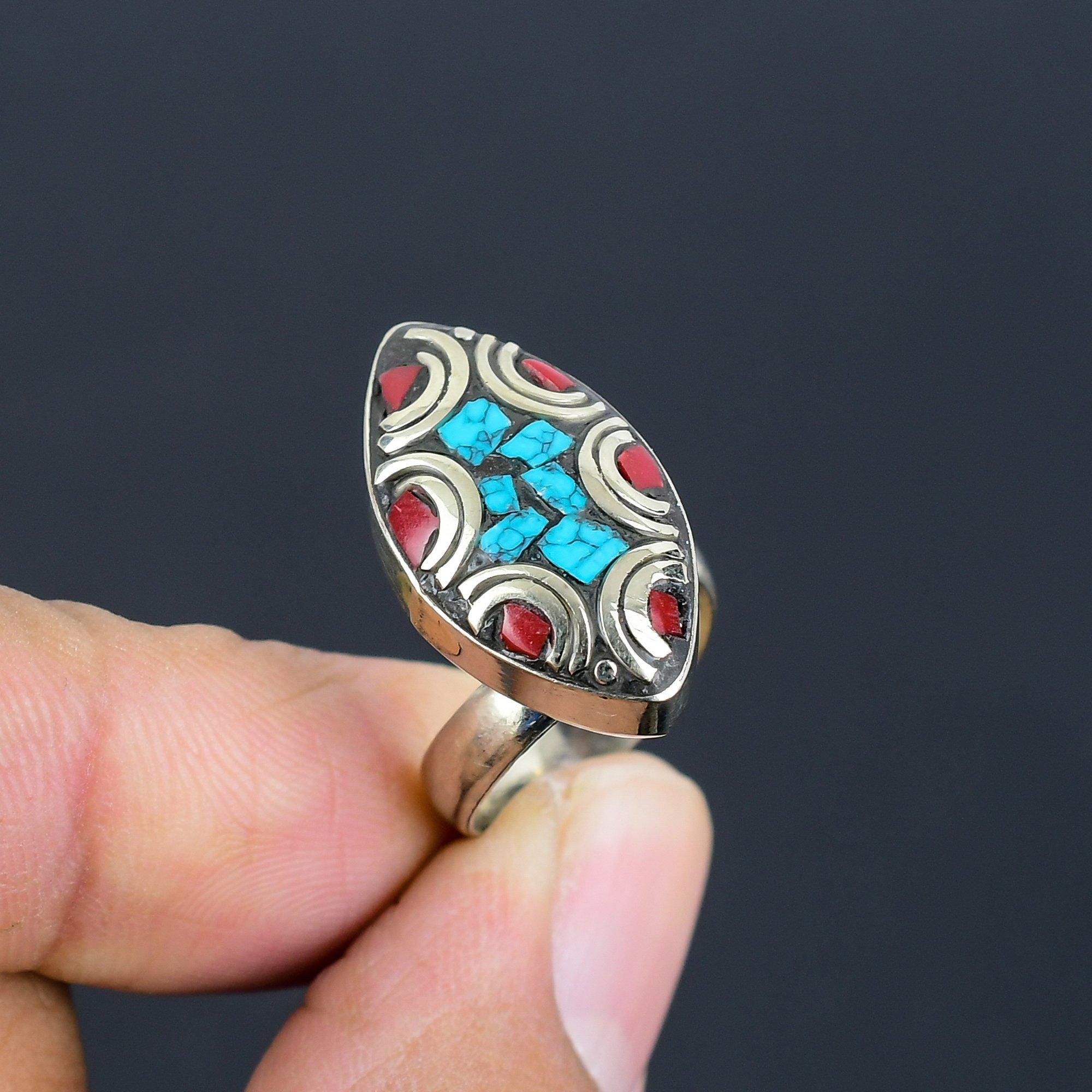 Bague Corail Jaune Et Rouge Argenté Tibétain Boho, Fabrication Artisanale Népal/Inde