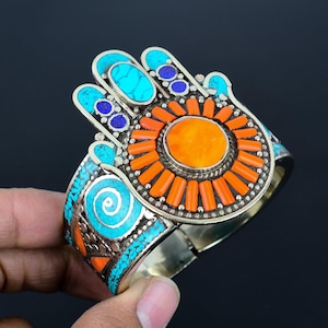 Yellow Coral, Turquoise, Lapis lazuli Cuff Tibetan Silver Cuff Bracelet Handmade Bangle Vintage Nepali Jewelry Baho Ethnic Cuff Gift For Him